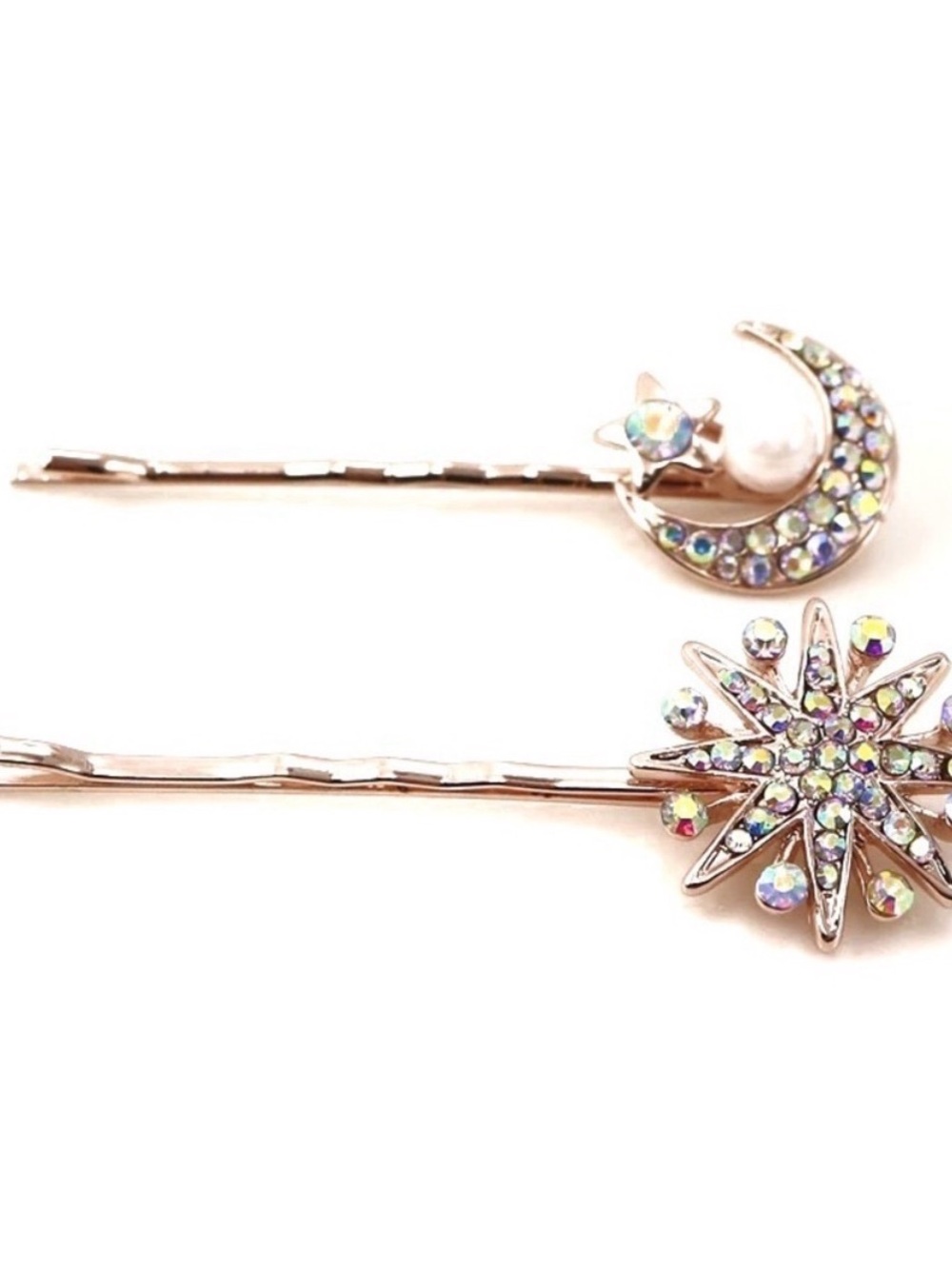 Moon & Starburst Rhinestone Hair Pins - Iridescent